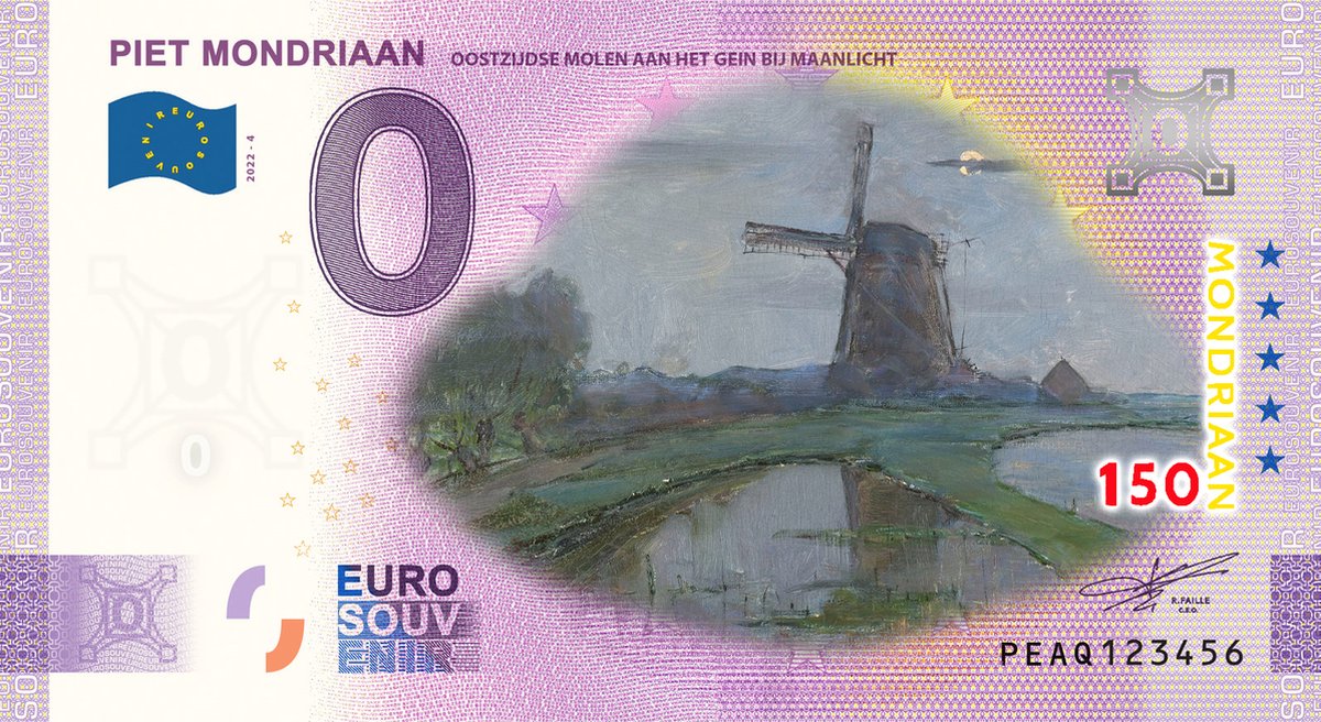 0 Euro biljet 2022 - Mondriaan Oostzijdse Molen aan het Gein KLEUR