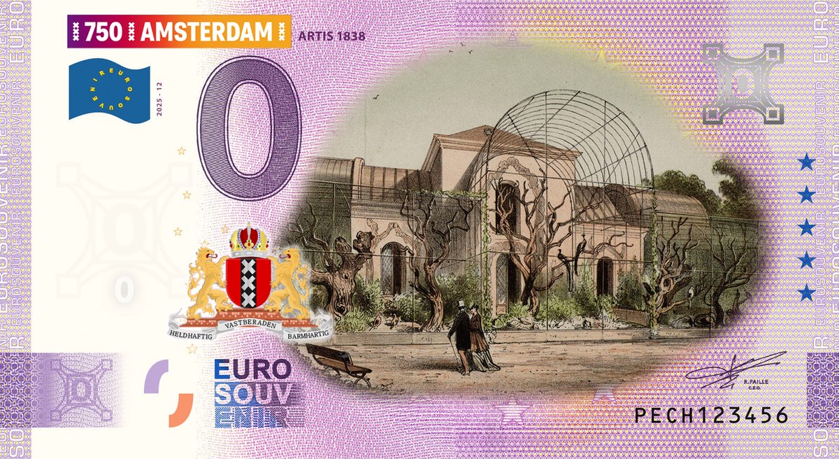 0 Euro biljet Nederland 2025 - Amsterdam XII Artis 1838 KLEUR