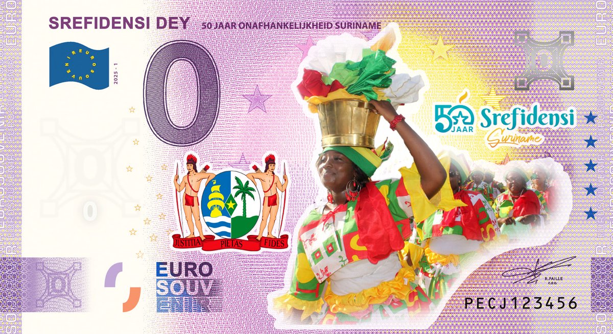0 Euro biljet Nederland 2025 - Srefidensi Dey 50 jaar onafhankelijk KLEUR