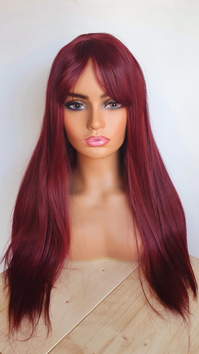 Dames Pruik Aubergine Stijl Lang Pony