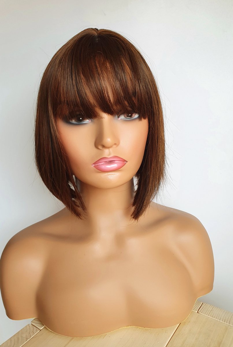 Dames Pruik Kort Bruin Lowlights Pony Boblijn