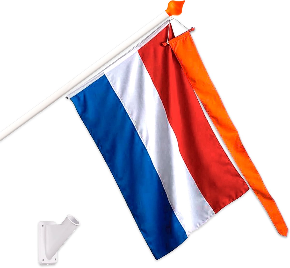 Nederlandse vlag met stok met oranje wimpel en vlaggenstokhouder - Set