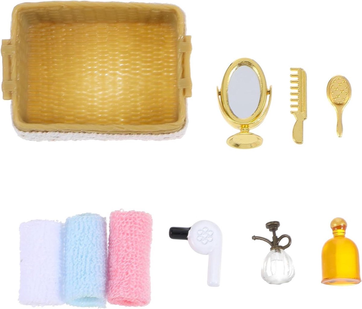 10 stuks 1:12 poppenhuis mini badkamer accessoires inclusief mand handdoeken spiegel douchegel parfum kam haardroger voor mini huis badkamer slaapkamer decoratie
