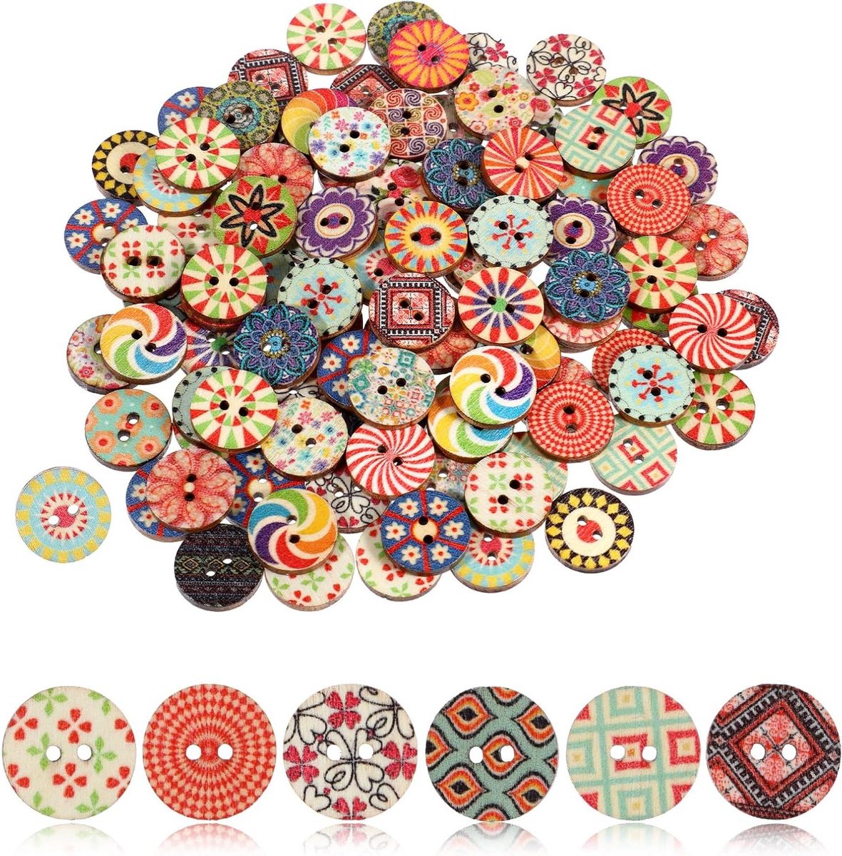 100 stuks gemengde vintage houten knopen - diverse bloemknoppen 15 mm met 2 gaten - ronde decoratieve knoppen voor doe-het-zelf naaien ambachtelijke decoratieve handgemaakte