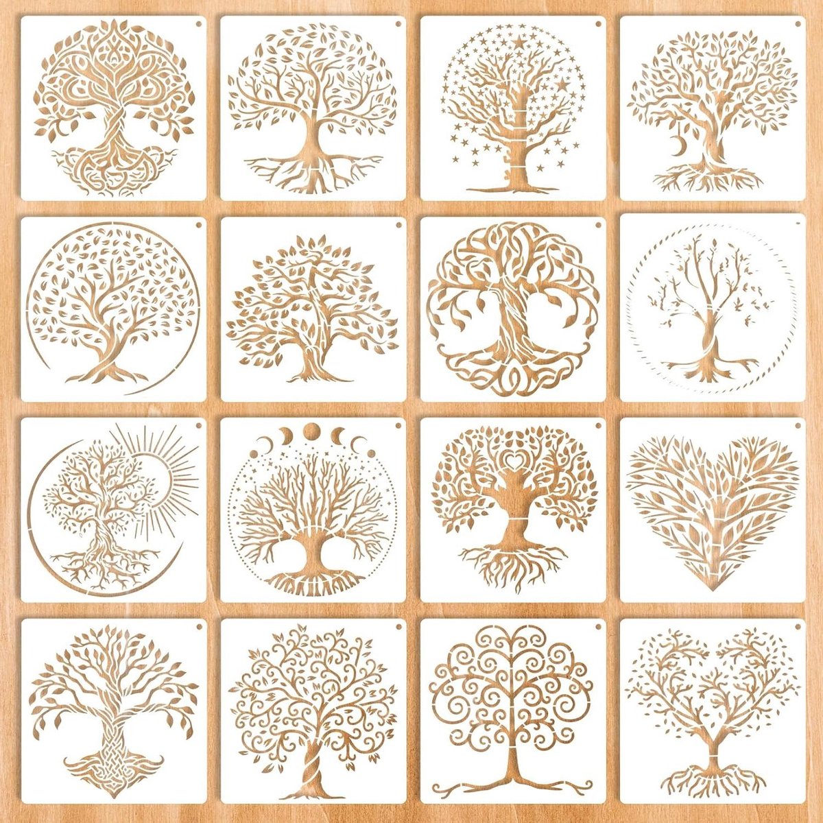 16 stuks levensboom stencil 6 inch herbruikbare sjablonen voor hout schilderen - boomtekensjabloon voor muur, vloer en DIY ambachten (15 cm)