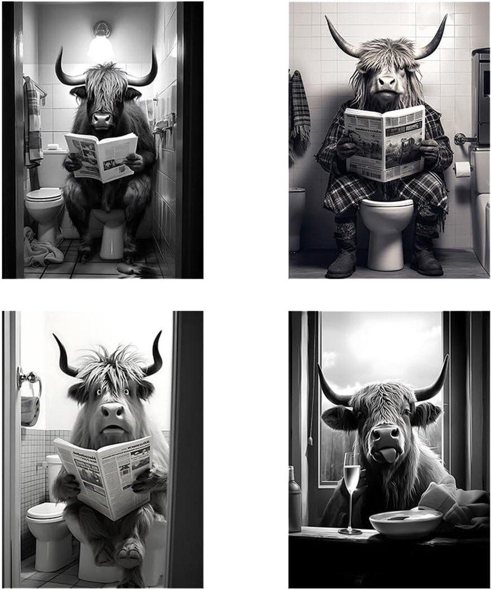 4 Stuks Badkamerschilderijen Rundvlees Zwart-Wit-Badkamer Muurkunst Poster Op Canvas Badkamer Fotos Grappig Badkamer Muur Canvas Zonder Lijst (30 x 21 cm B)