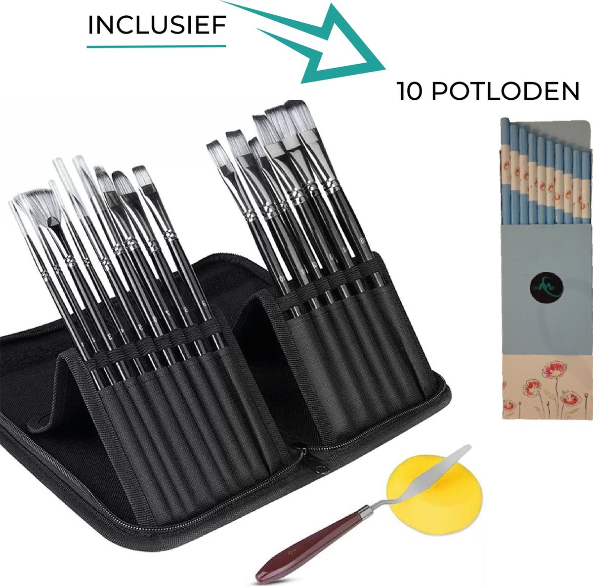 24ME® 15 Stuks Penselen met Verfmes en Spons in Handig Opbergmap - Inclusief 10 Potloden - Brushes - Aquarel Kwasten - Hobby