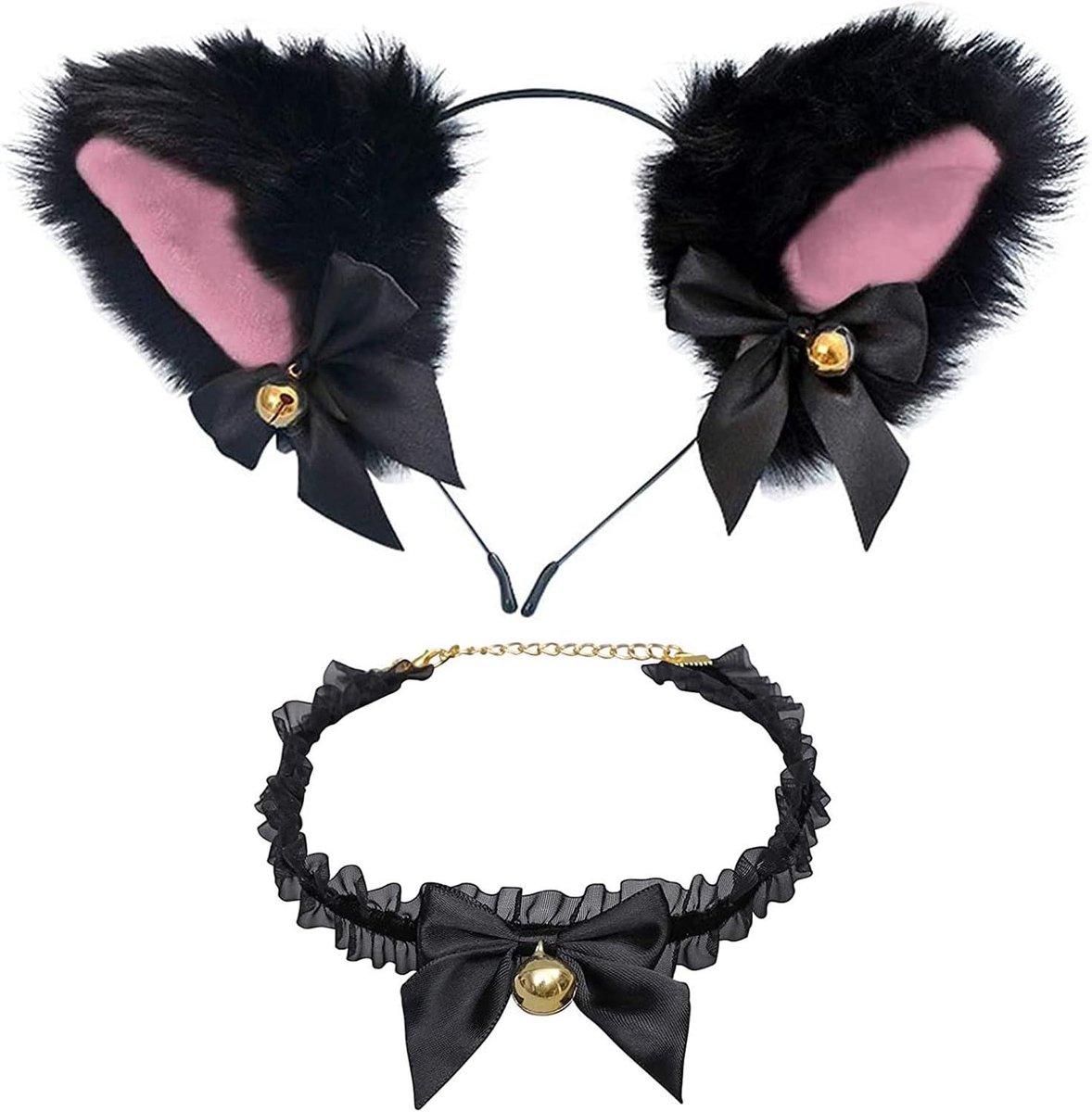 Kanten kraagset en kattenoor-haarband met belletje - geschikt voor kattenfeesten