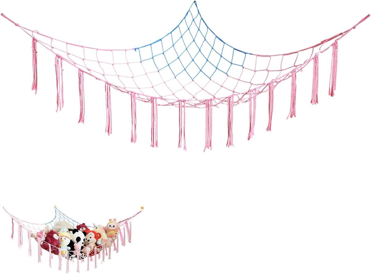 Opbergnet voor knuffeldieren – Kleurrijk Verstevigd Net voor Opberging – 105x105x145 cm – Inclusief 3 Hanghaken
