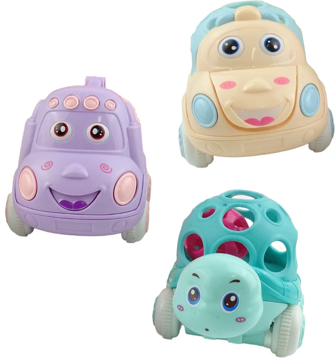 360 Toys – Baby Auto’s Set van 3 – Speelgoed 1 jaar - Zachte Grijpauto’s met Rammelgeluid – Schattige Dierenwagens – Baby Speelgoed 6 Maanden - Montessori Speelgoed -