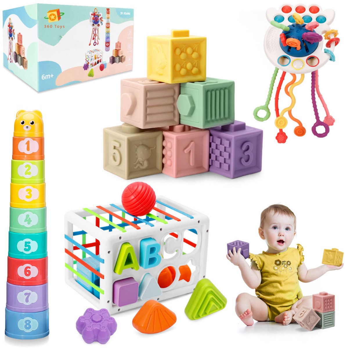 360 Toys® - Baby Speelgoed 6 maanden - 4 in 1 set - Speelgoed 1 Jaar - Stapelstenen - Bijtketting - Trekkoord Baby - Vormenstoof - 0 tot 4 jaar - Babyspeelgoed 0 Jaar - Montessori Speelgoed - Baby Speelgoed