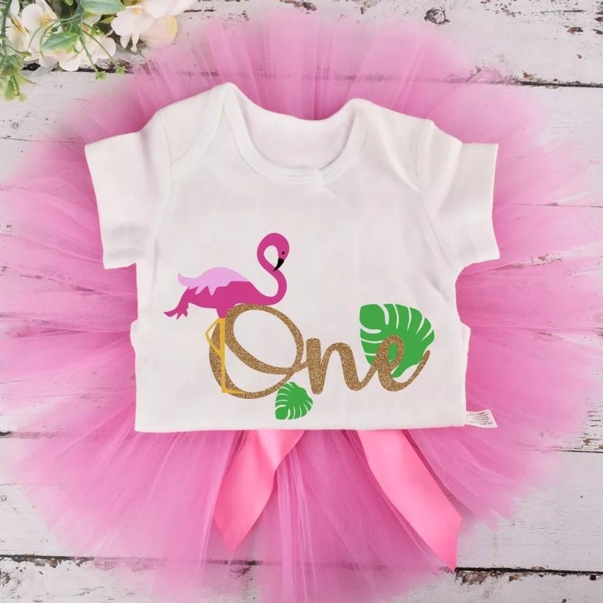 2-delig 1e verjaardag setje Flamingo - cakesmash - eerste verjaardag - babykleding - kinderkleding