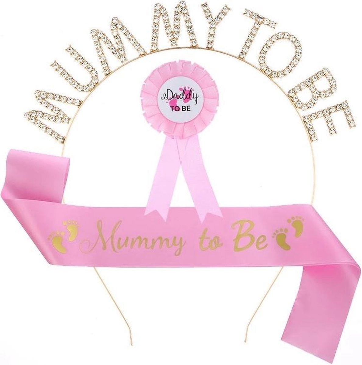 3-delige Babyshower set met Sjerp en diadeem Mummy to Be roze en rozet Daddy to be - babyshower - genderreveal - zwanger - sjerp