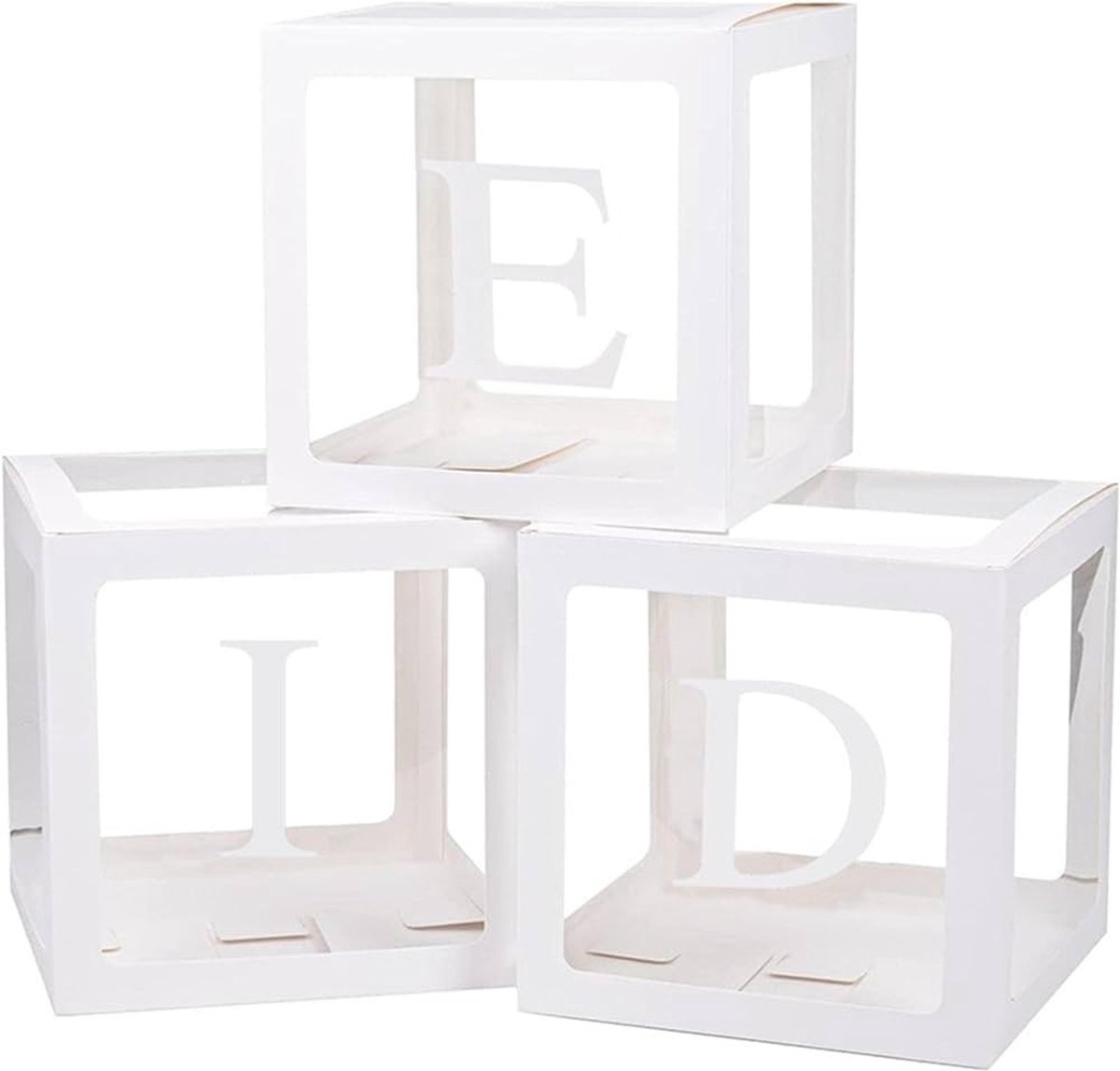 Drie doorzichtige letter ballon blokken EID wit - ballon - box - blok - EID - decoratie - wit