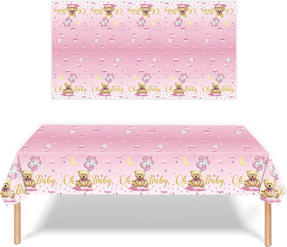 Oh Baby roze plastic tafelkleed met beertjes - babyshower - genderreveal - tafelkleed - beer - geboorte