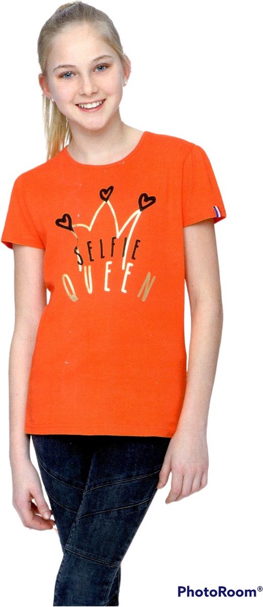 Tiener Meisje T-shirt - Selfie Queen - Voor Koningsdag - Holland - Maat: 122/128