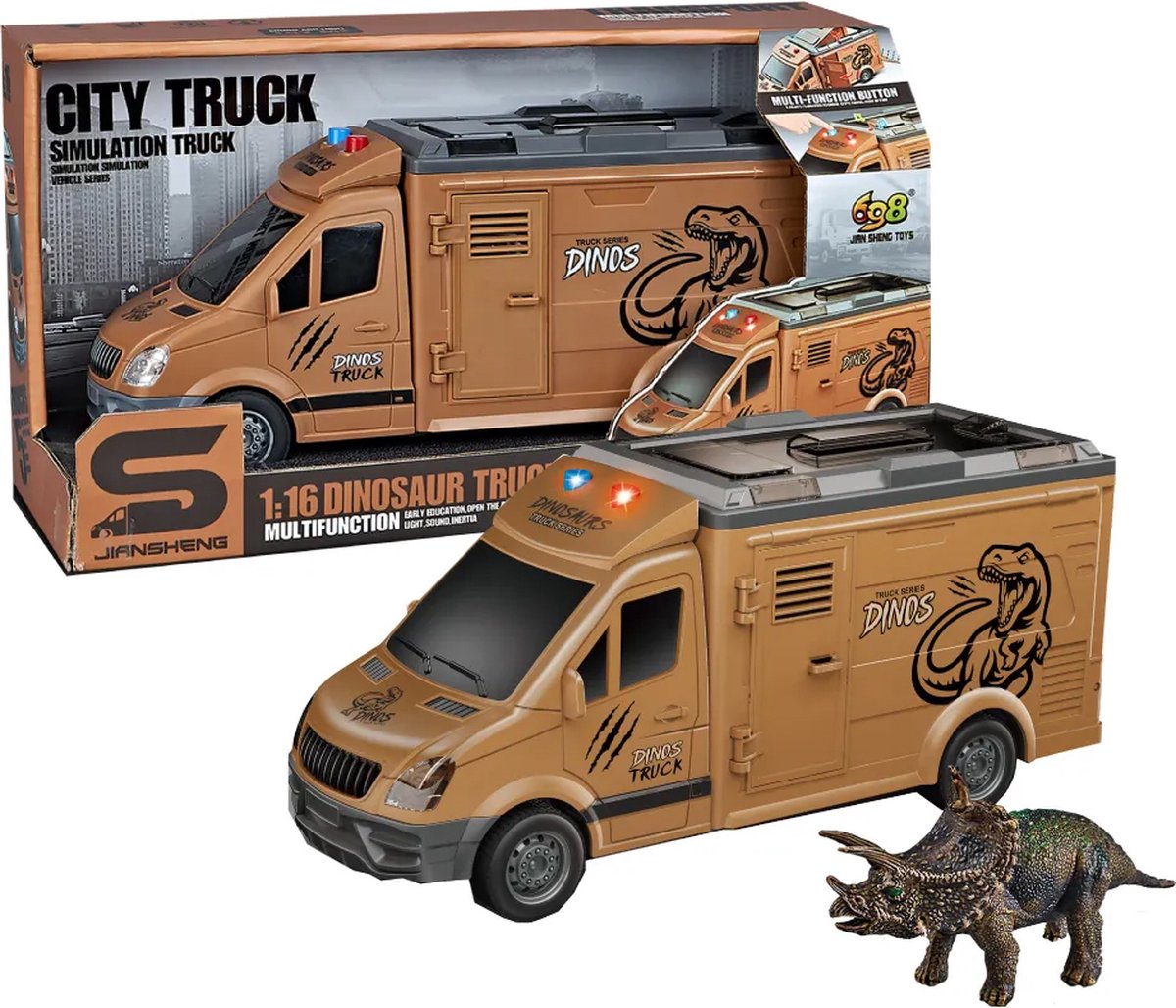Dinosaur Transport vrachtwagen - 26CM - Dinosaurus figuren in speelgoed Truck - frictie motor -Licht en geluid