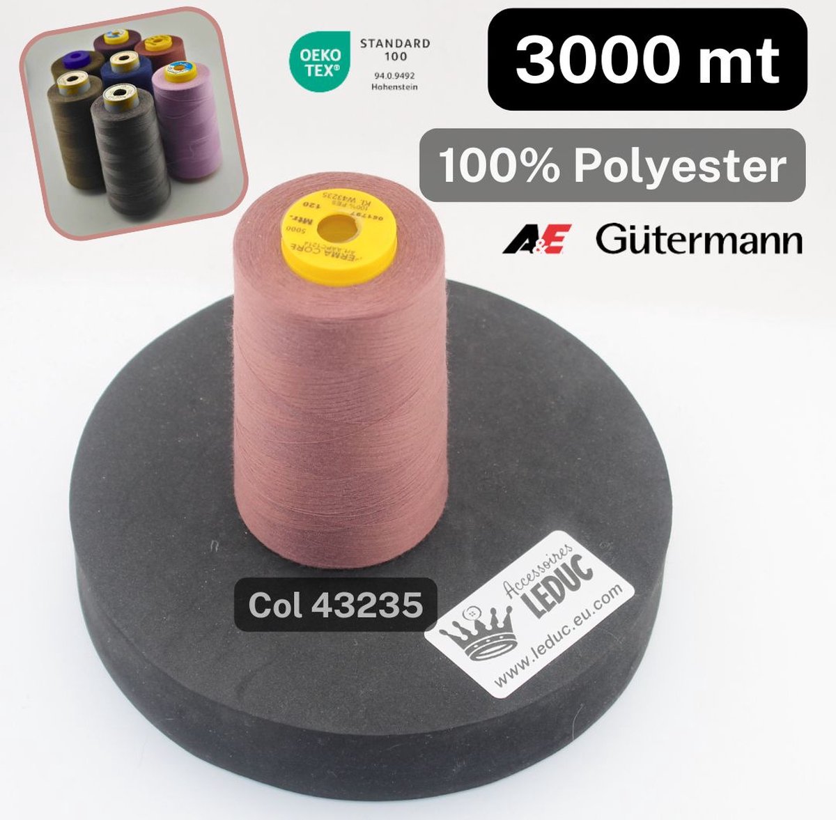1 Bobijn A&E/GUTERMANN OVERLOCK GAREN van 3000 Meter, 100 % Polyester, Kleur 43235 PECHE