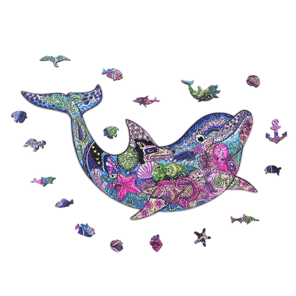 ACROPAQ Houten puzzel dolfijn - 200 Stukjes, A3 formaat 420 x 297 mm, Puzzelstukjes in dierenvormen, Gemaakt van hoogwaardig hout - Houten puzzel volwassenen, Puzzel, Puzzel volwassenen, Kinderpuzzel