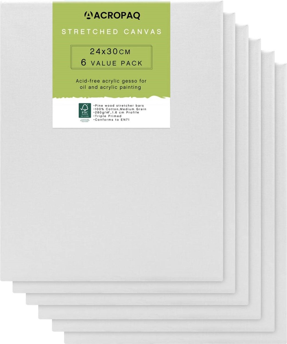 Canvas schildersdoek - 6 stuks, 24 x 30 cm, Voor olie en acrylverf en tekenen, Voor Kinderen en Volwassenen, Premium katoenen oppervlak - Wit - ACROPAQ