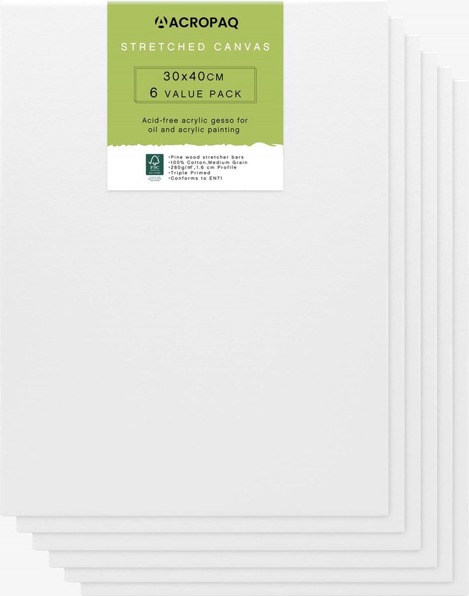 Canvas schildersdoek - 6 stuks, 30 x 40 cm, Premium katoenen oppervlak - Wit - ACROPAQ