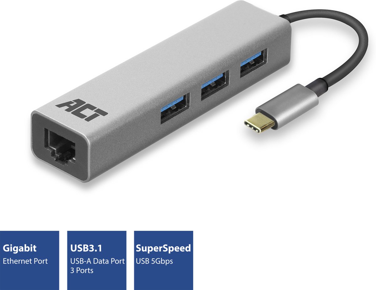 ACT USB-C 3.1 Gen1 (USB 3.0) Hub, aantal poorten: 3x USB A female , 1x Ethernet poort, kabellengte 0,15m, aluminium behuizing AC7055