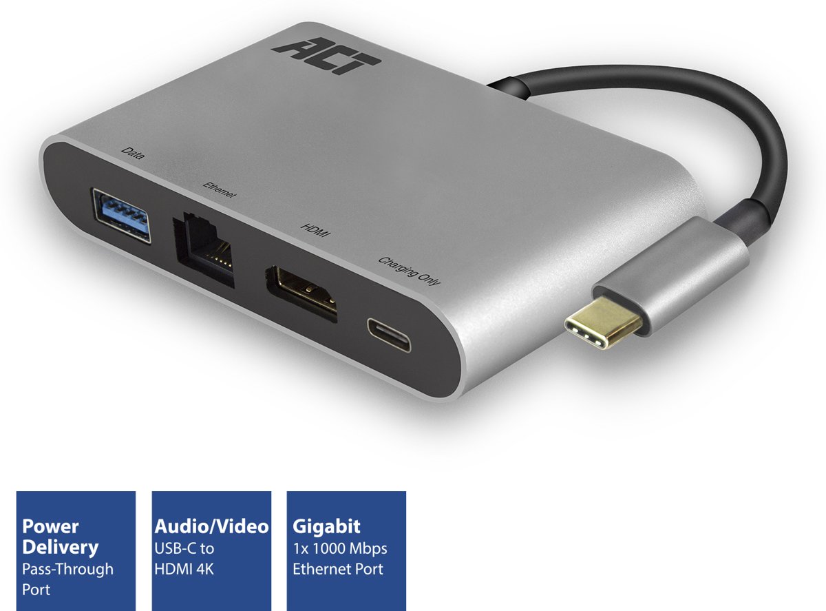 ACT USB-C 4K Multiport Dock met HDMI, USB-A, Ethernet en USB-C met PD Pass-Through, kabellengte 0.15m, aluminium behuizing AC7040