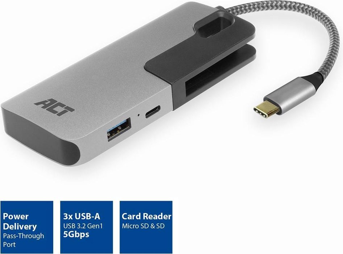 ACT USB-C Hub, met 3x USB-A, Kaartlezer, USB-C PD Pass-Through 60W