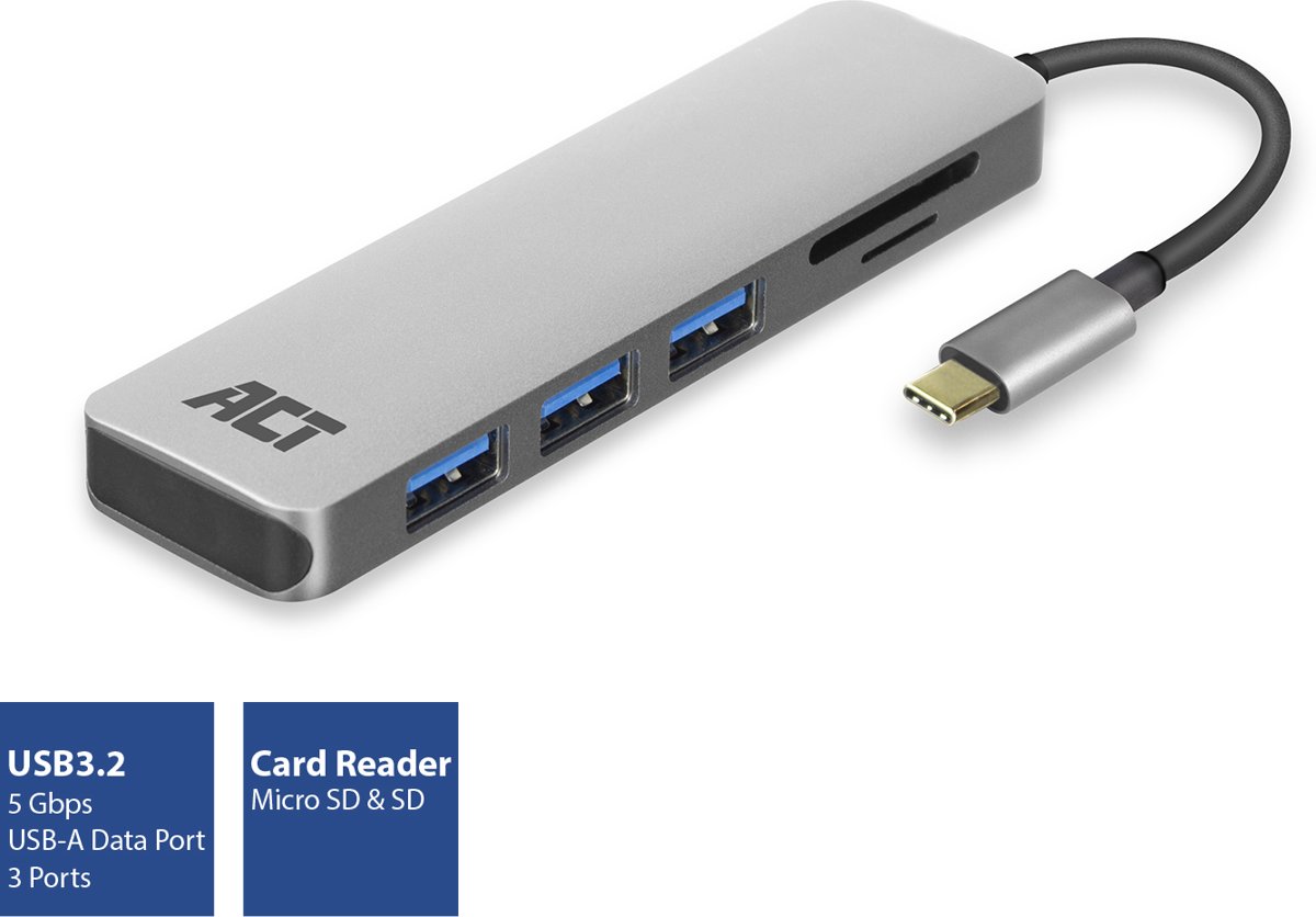 ACT USB-C Hub en card reader, aantal poorten: 3x USB A female en kaartlezer, kabellengte 0,15m, aluminium behuizing AC7051