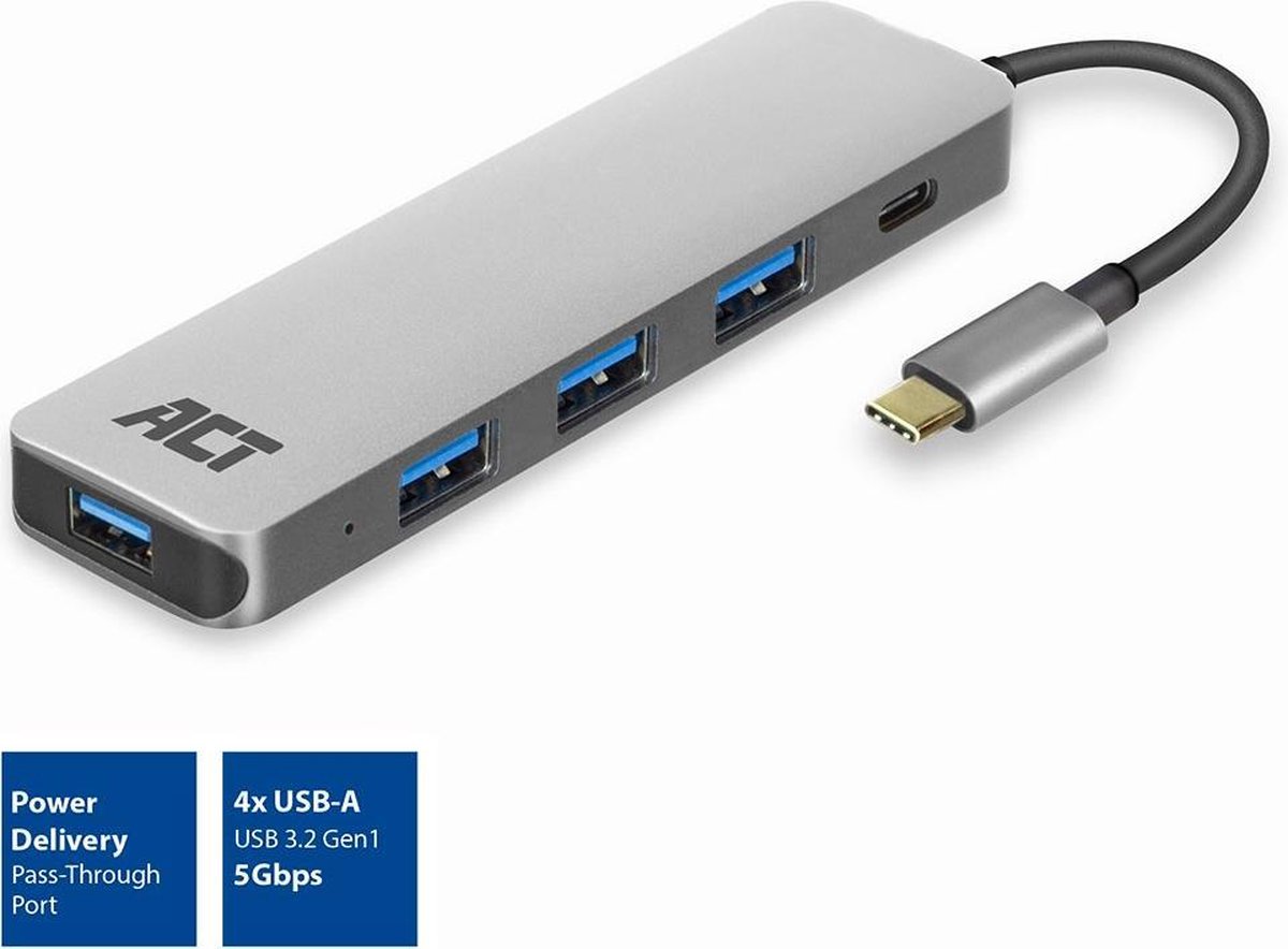 ACT USB-C Hub met 4x USB-A, USB-C PD Pass-Through 60W