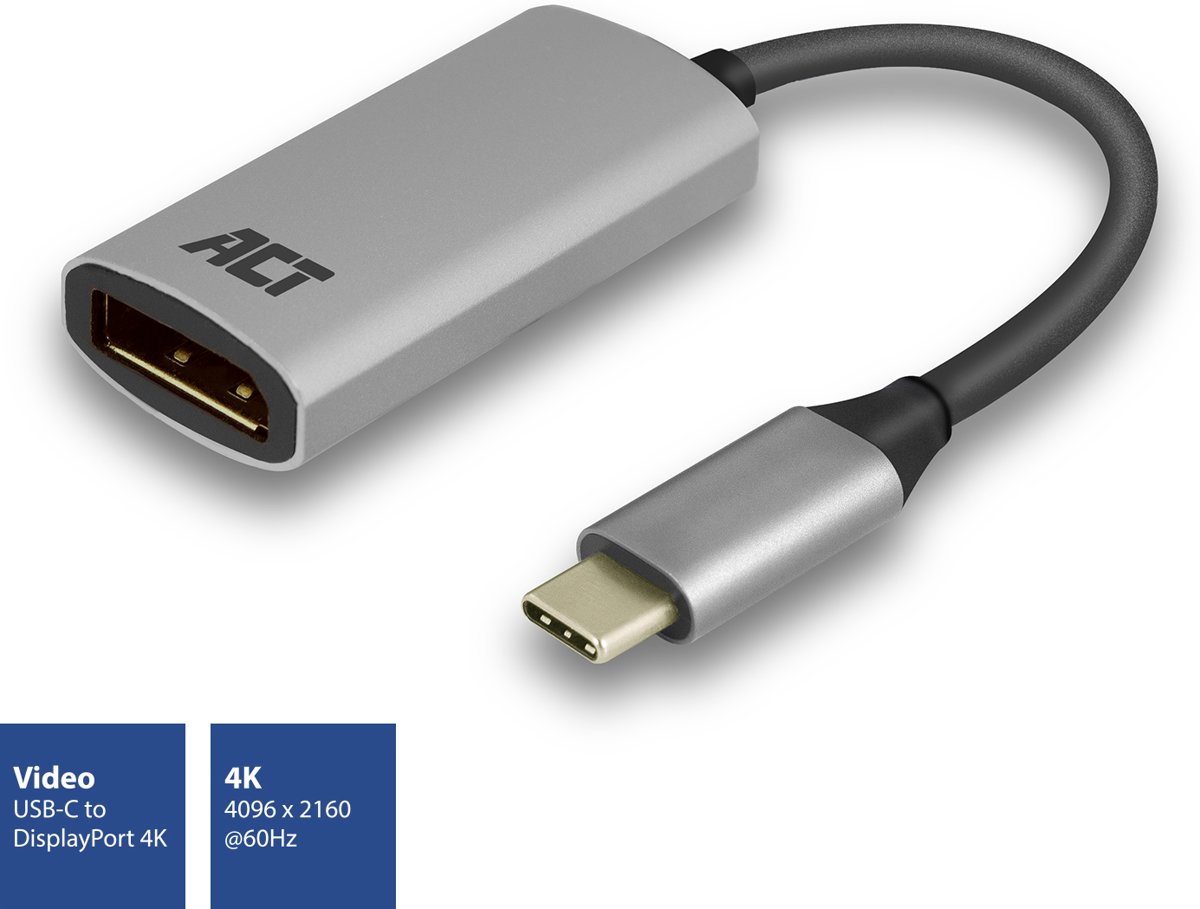 ACT USB-C naar DisplayPort female adapter, 4K @ 60Hz, kabellengte 0,15m, aluminium behuizing AC7030