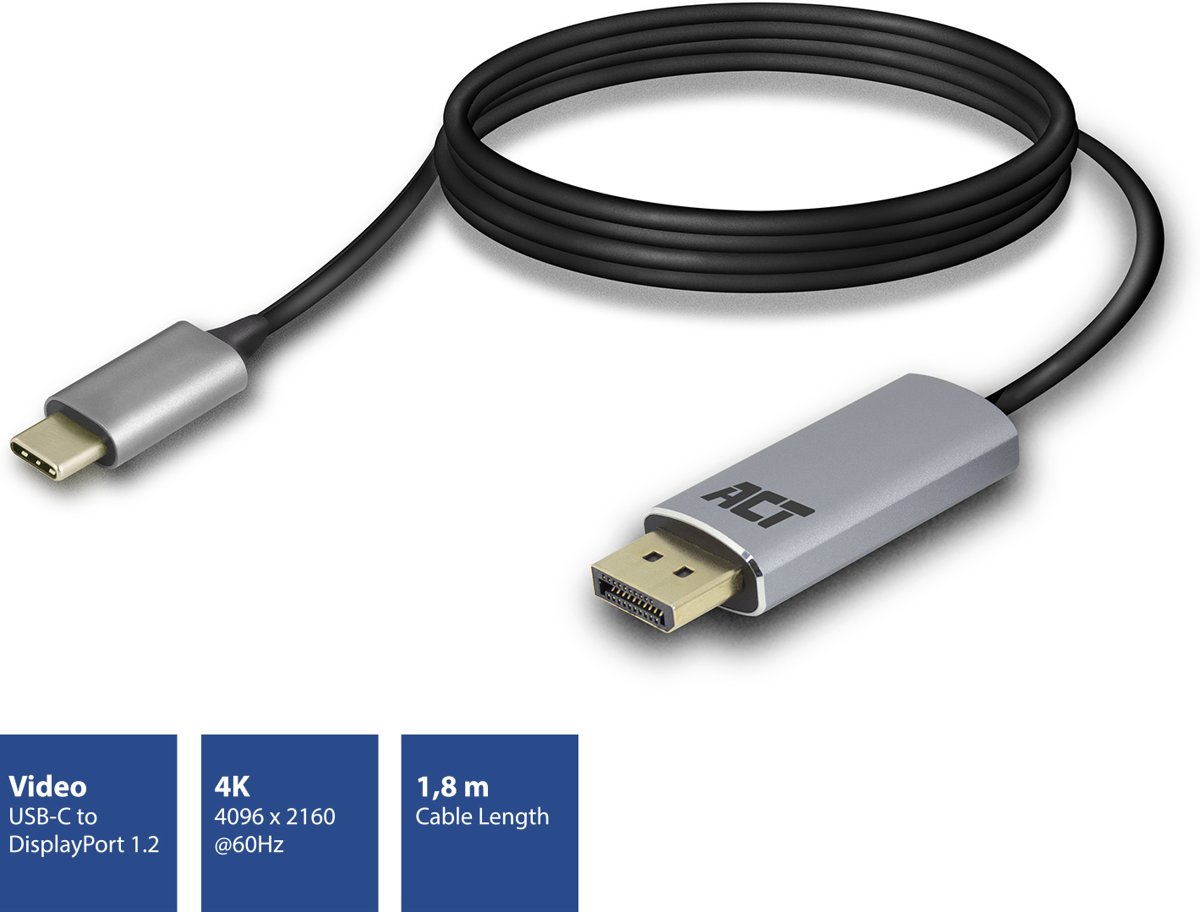 ACT USB-C naar DisplayPort male aansluitkabel, 4K @ 60Hz, kabellengte 1,8m, aluminium behuizing AC7035