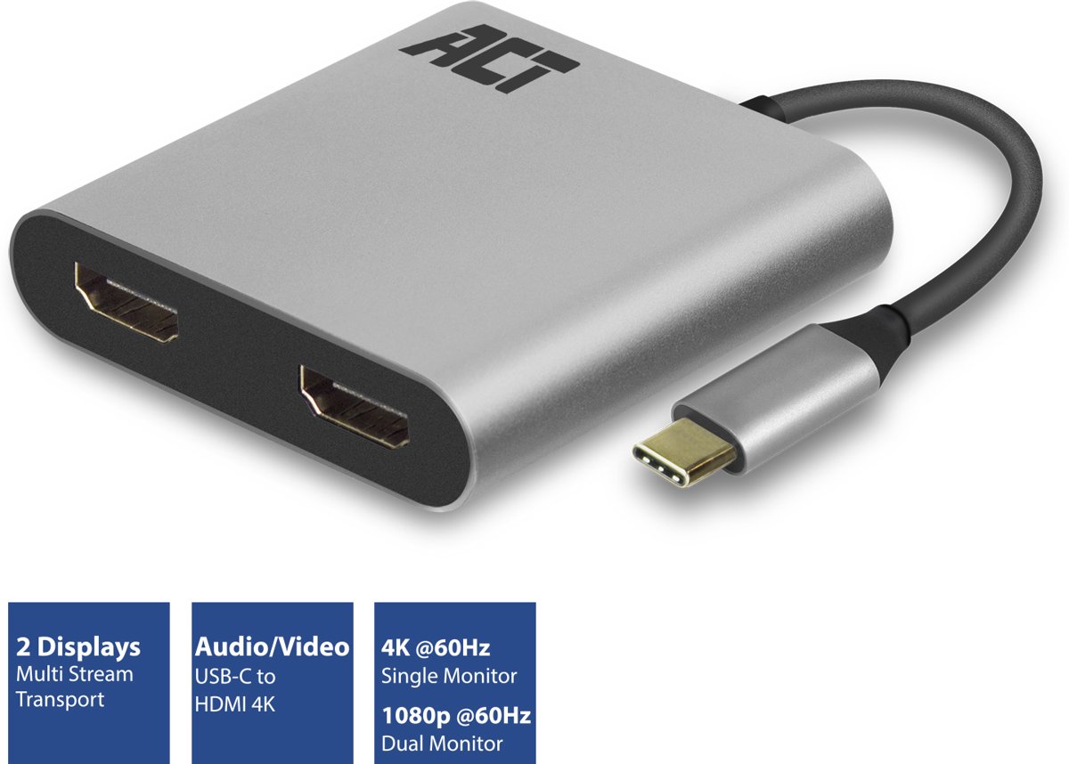 ACT USB-C naar HDMI Dual monitor MST female adapter, 4K @ 60Hz, kabellengte 0,13m, aluminium behuizing AC7012
