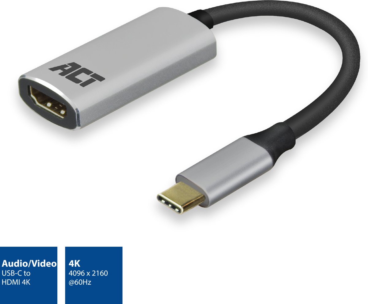 ACT USB-C naar HDMI female adapter, 4K @ 60Hz, kabellengte 0,15m, aluminium behuizing AC7010