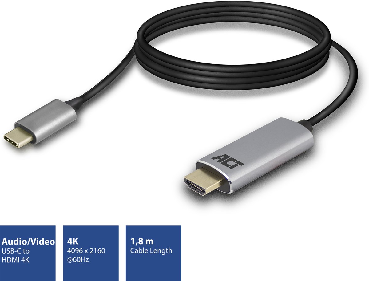 ACT USB-C naar HDMI male aansluitkabel, 4K @ 60Hz, kabellengte 1,8m, aluminium behuizing AC7015