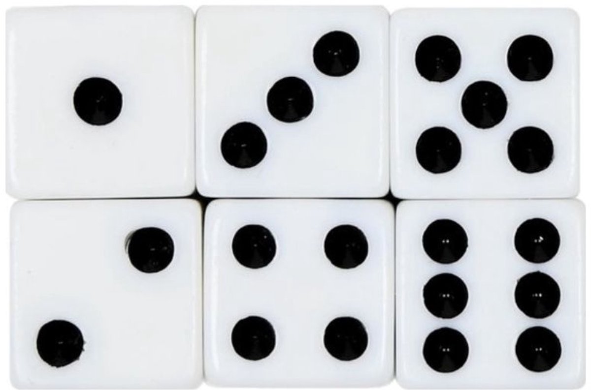 Benson Set dobbelstenen - wit - 6 stuks - 1,5 cm - zwarte ogen