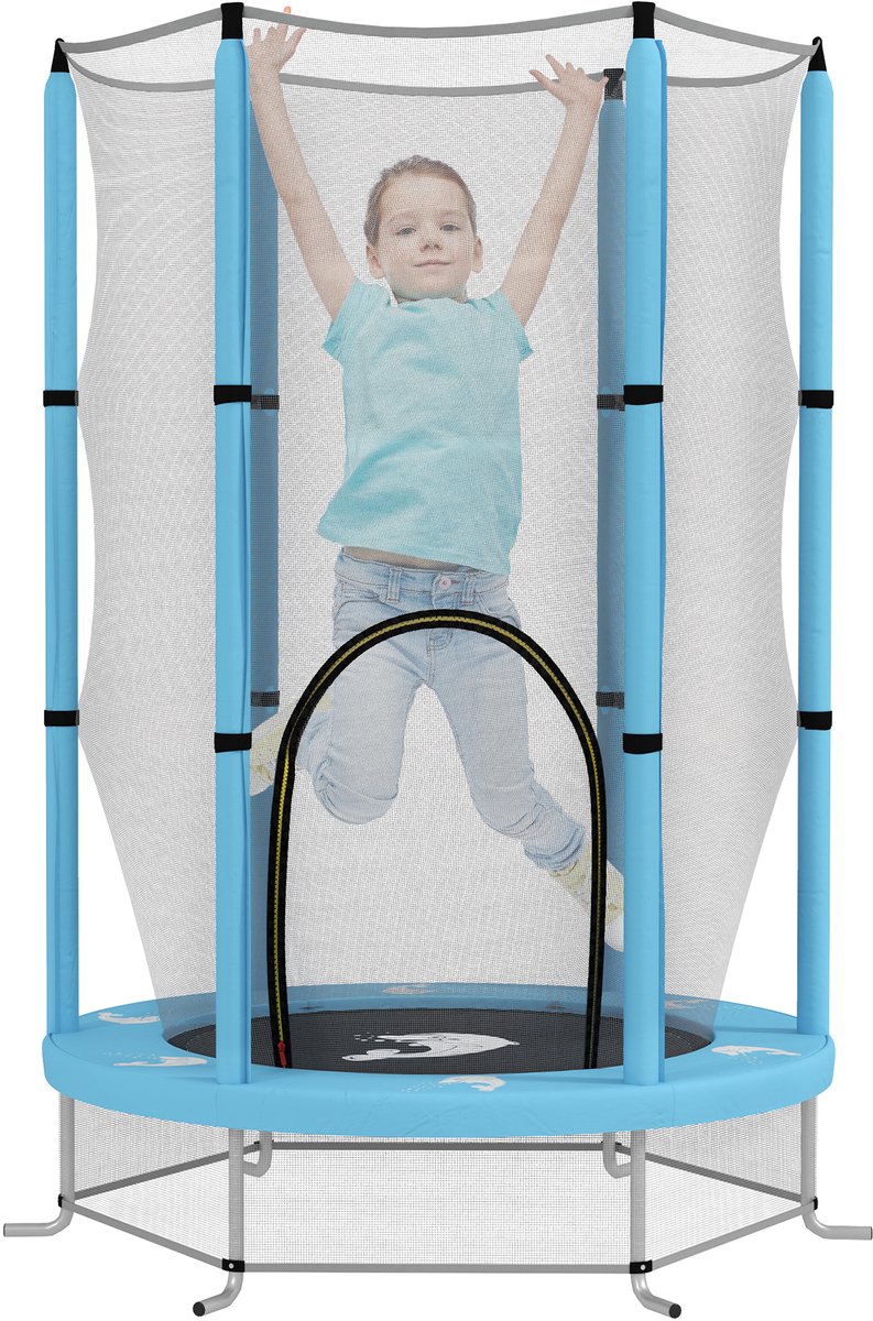 AIYAPLAY-Kinder Trampoline-Stahl, Kunststoff-140L x 140B x 190H cm-Hellblau