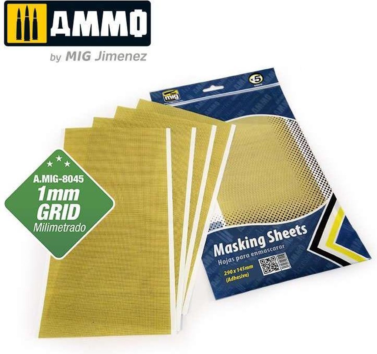 AMMO MIG 8045 Masking Sheets - 1 mm Grid x 5 Sheets - 290x145mm (Adhesive) Tape