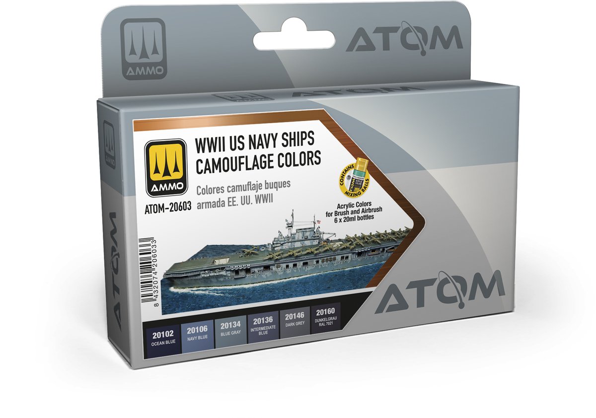 AMMO MIG Hobbyverf Acrylverf - MIG 20603 ATOM - Amerikaanse Marine Schepen WWII Camouflage Kleuren - Acryl Set 6x20ml Verf set - 6x 20 ml