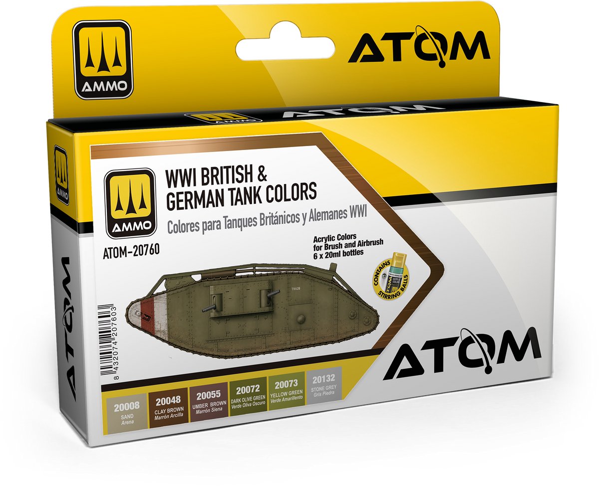 AMMO MIG Hobbyverf Acrylverf - MIG 20760 ATOM - WWI Britse en Duitse Tanks Kleurenset - Acryl Set 6x20ml Verf set - 6x 20 ml