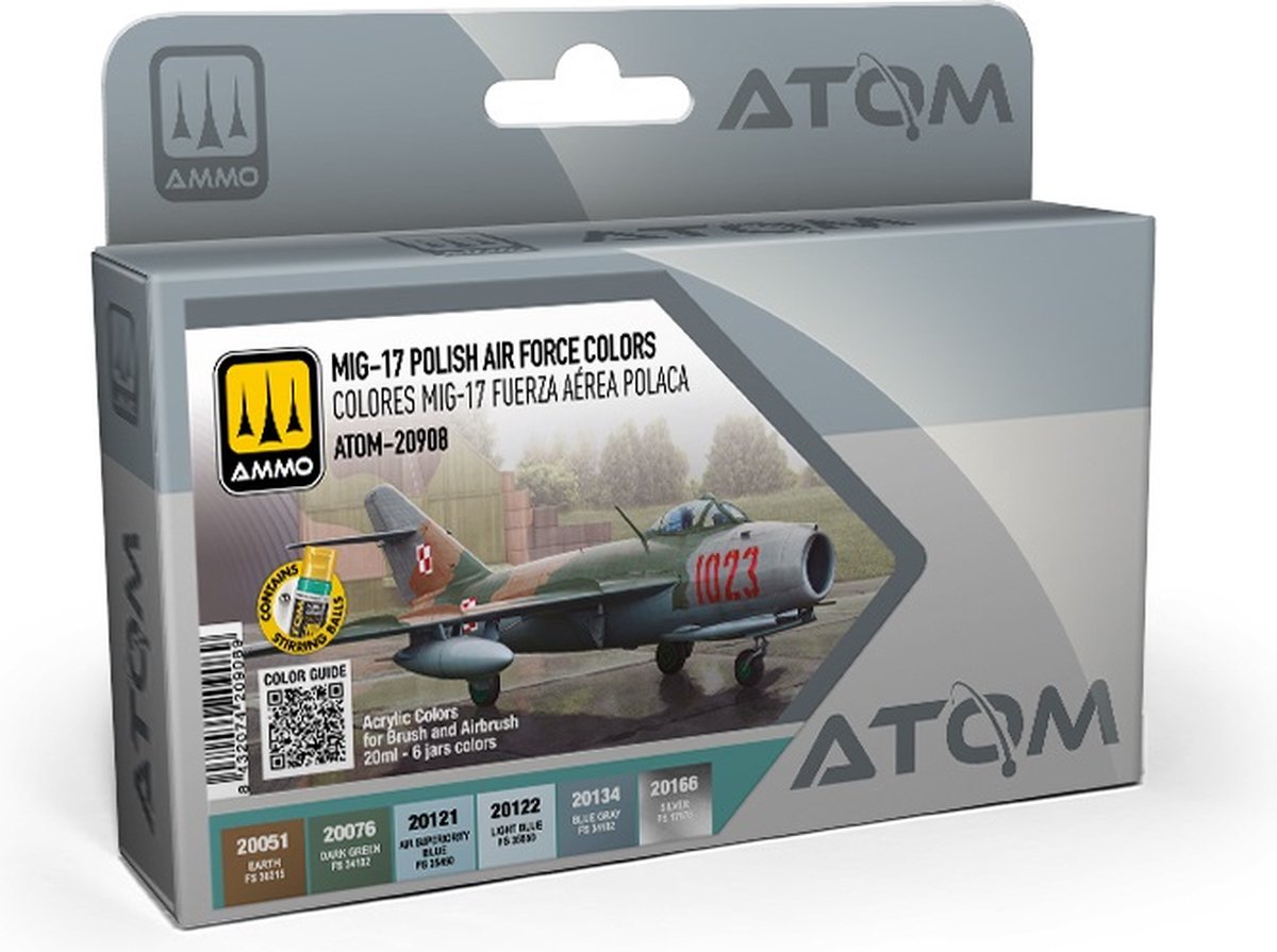 AMMO MIG Hobbyverf Acrylverf - MIG 20908 ATOM - MIG-17 Poolse Luchtmacht Kleuren - Acryl Set 6x20ml Verf set - 6x 20 ml