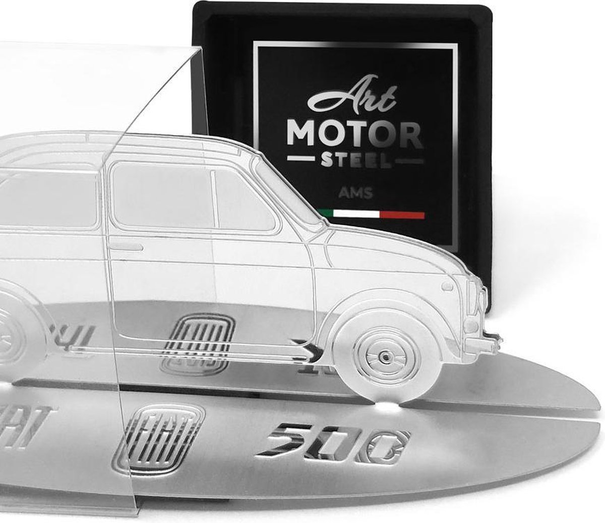 Silhouet schaalmodel Fiat 500 retro RVS gegraveerd