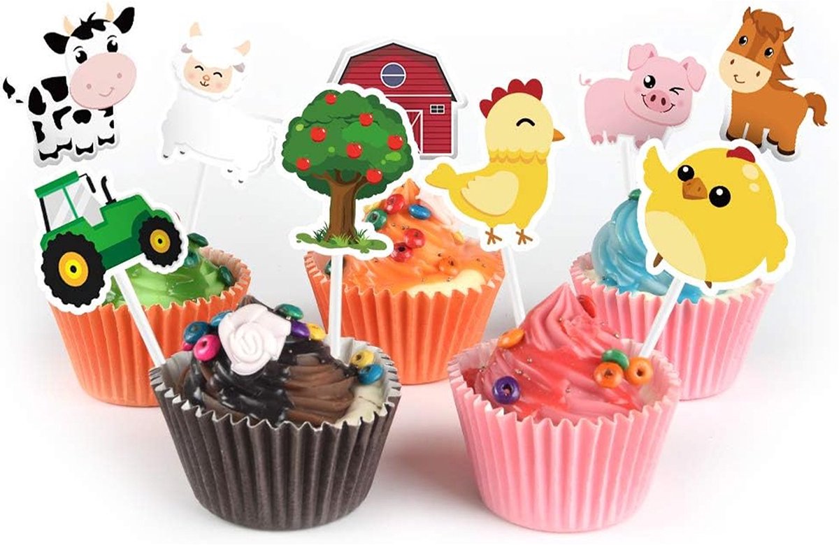 ANMI Cake Toppers – Boerderij Dieren - Cupcake Decoratie Prikkers – 36 Stuks