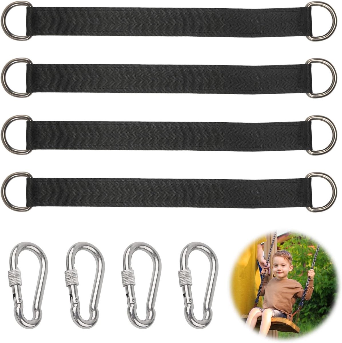 Hangmataccessoires - Hangmatriemen - Met 4 karabijnhaken - Lengte 30 cm - Draagvermogen 300 kg - Bevestigingsmaterialen voor hangstoelen - Geschikt voor binnen- en buitengebruik - ANMI