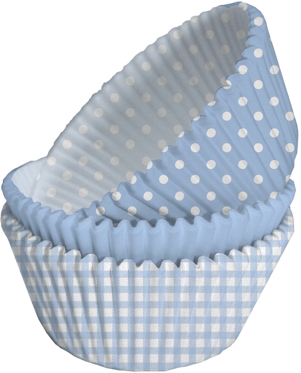 ANNIVERSARY HOUSE - 75 blauwe papieren cupcakevormpjes met witte stippen 5 x 3 cm voor babydouche