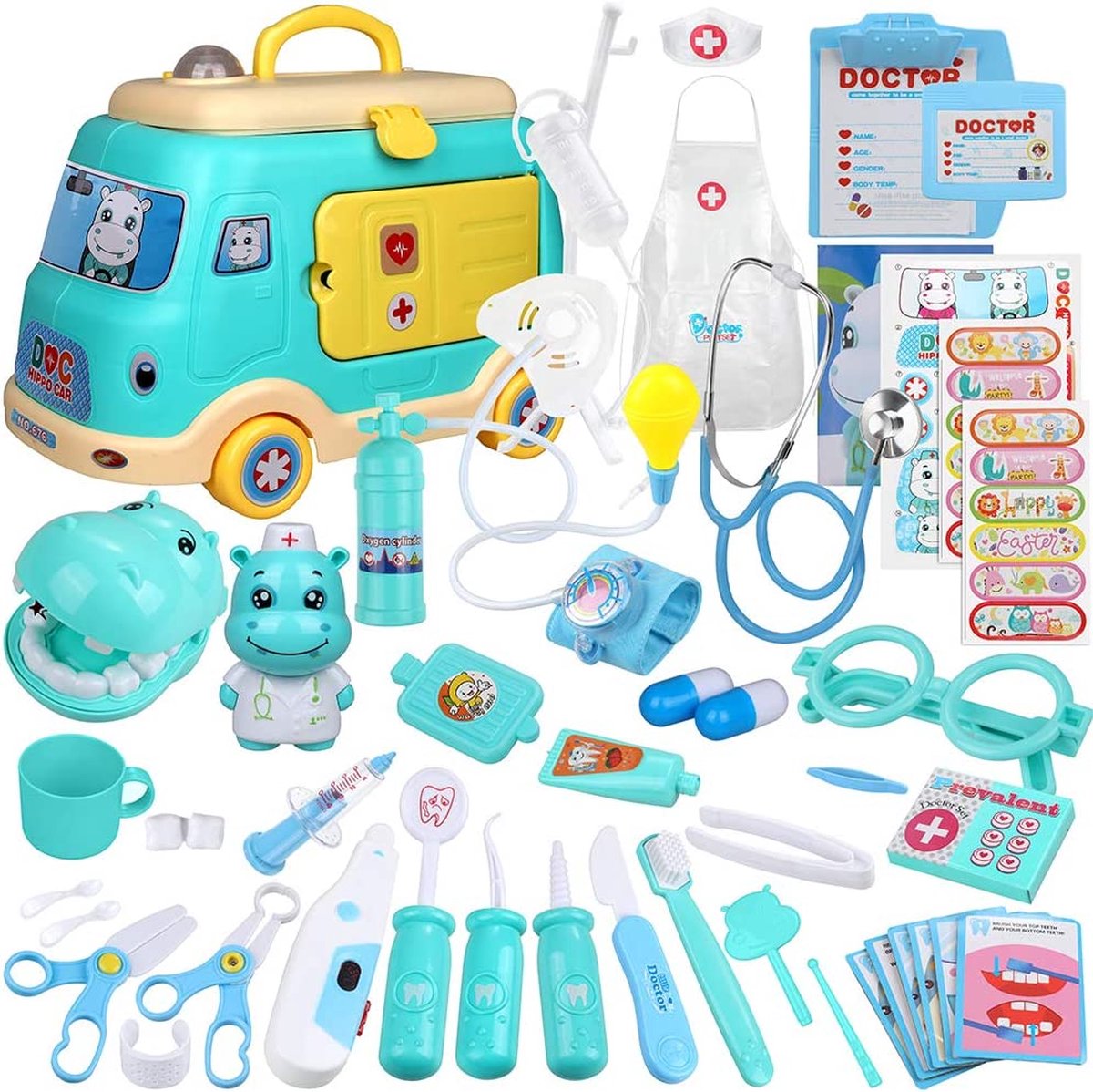 Anpro Dokter Speelset - 50 delig Speelgoed Doktersset - met Modelauto - Rollenspel Speelgoedset - Cadeauset - Blauw