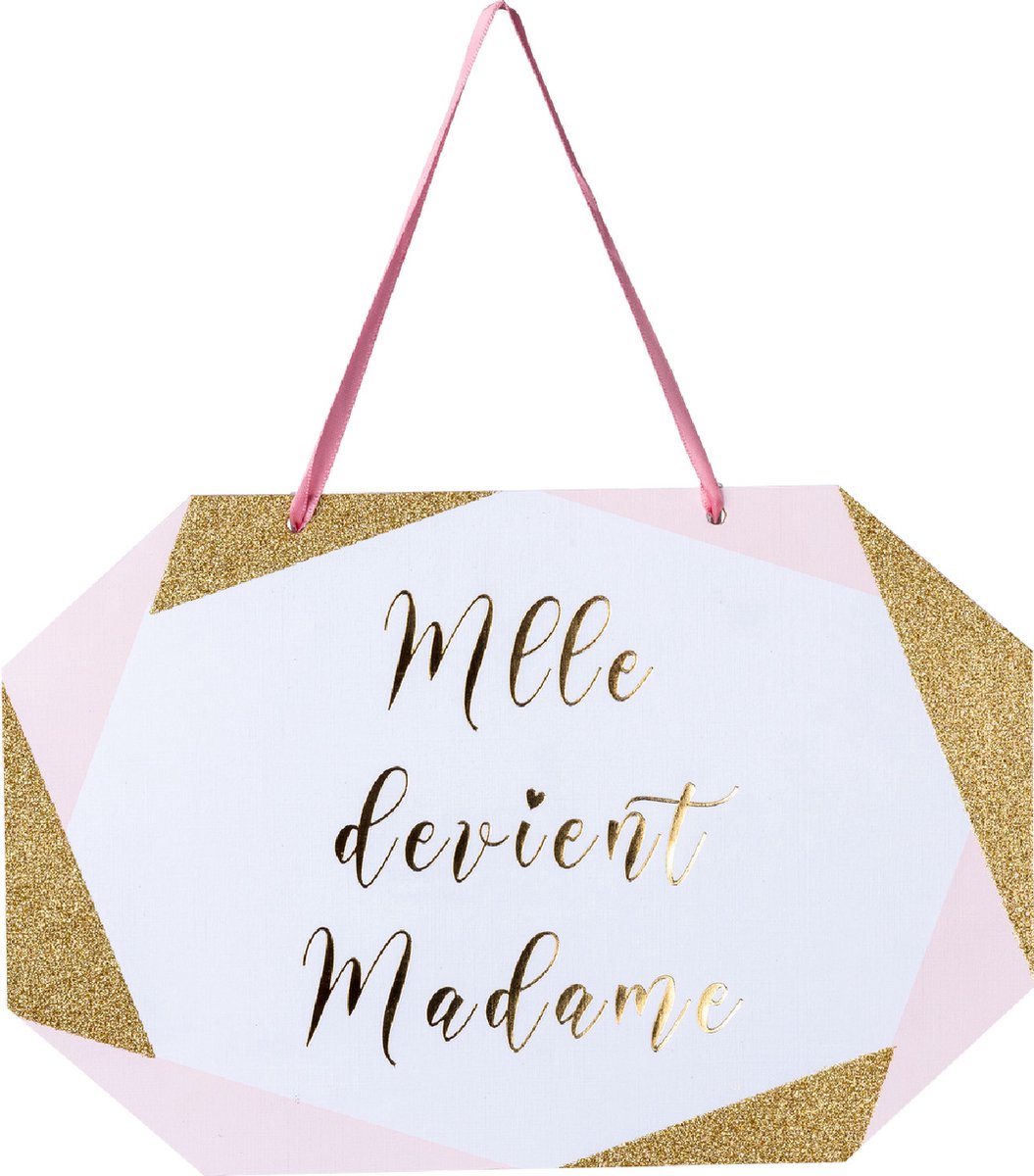 ARTYFETES - Kartonnen bordje miss wordt madame roze wit goud 25 x 16,5 cm