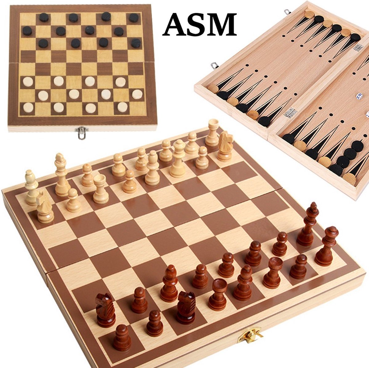 3-in-1 opvouwbaar houten schaak-, dam- en triktrakspelset - Schaakbord met Schaakstukken - 30 x 30