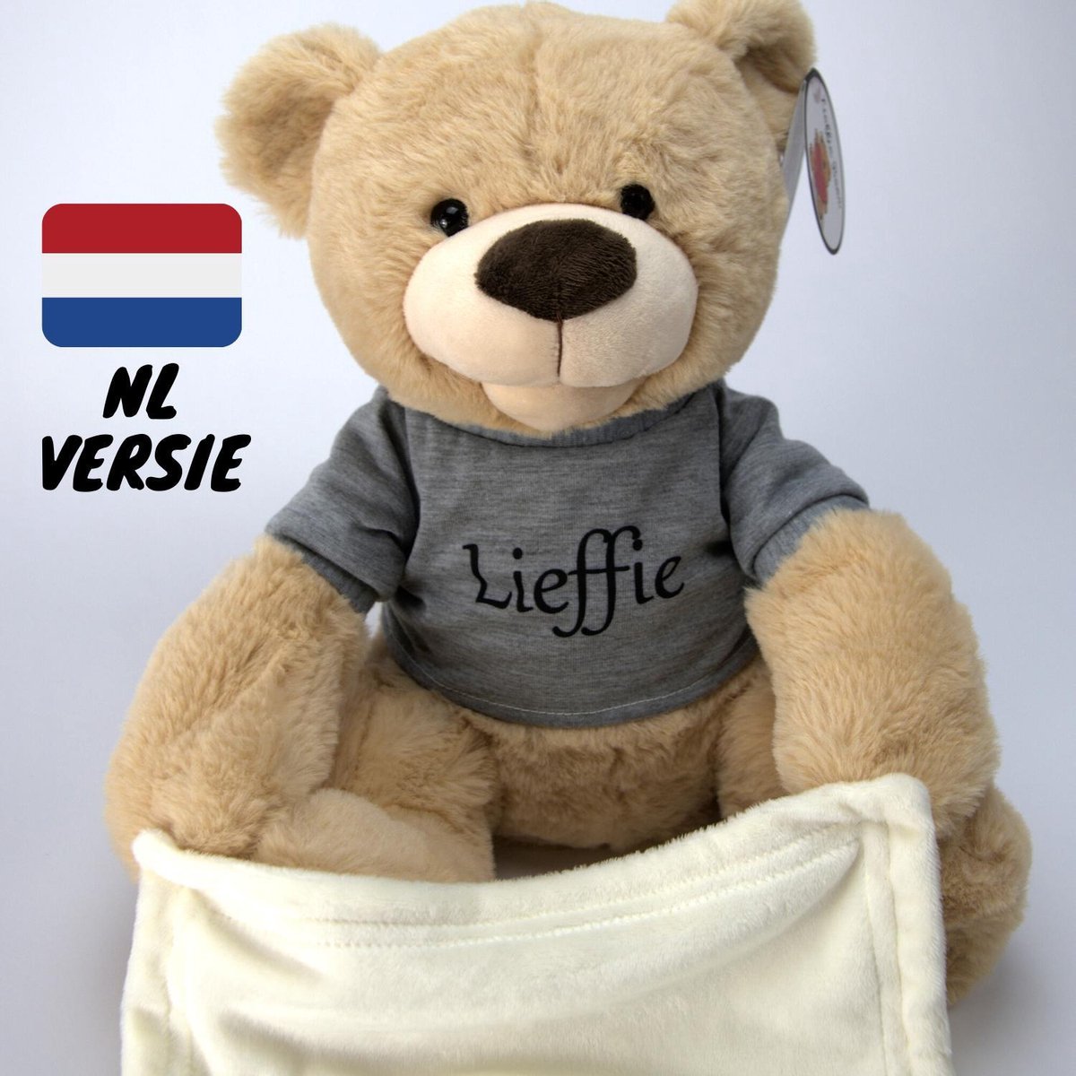 Lieffie Kiekeboe Beer – Nederlands Gesproken – Interactieve Peek A Boo Knuffel – Pratende Teddybeer – Speelgoed - 30 cm