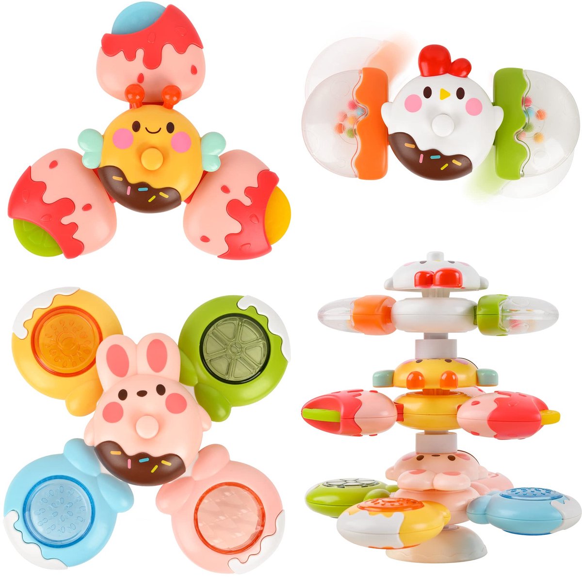 12 stuks DIY stapelbare zuignap spinner speelgoed voor babys, 3 stuks zuignap spinner speelgoed voor babys van 12-18 maanden, zuignap speelgoed voor aan het raam, kinderstoel, dienblad, tafel, sensorisch speelgoed